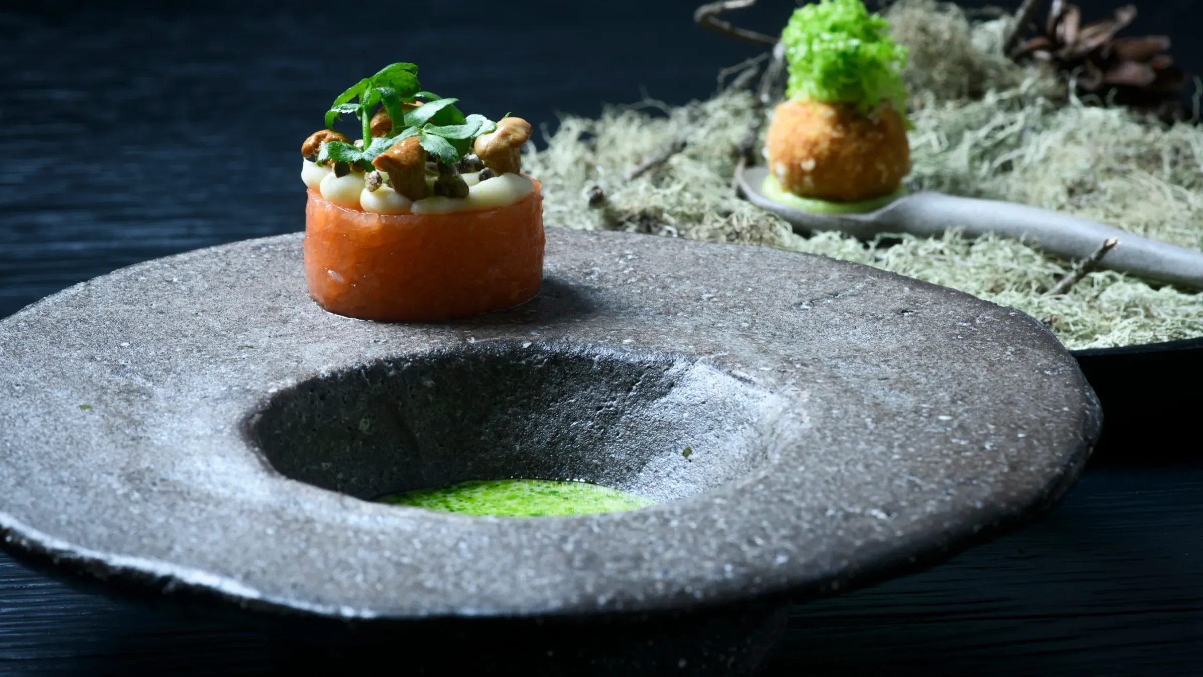 A dish from the Chef's Table by Gesser menu on a dark stone plate, with herbs and a crisp tartlet