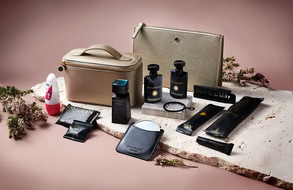 Emirates First Class amenity kit and sleepwear accessories