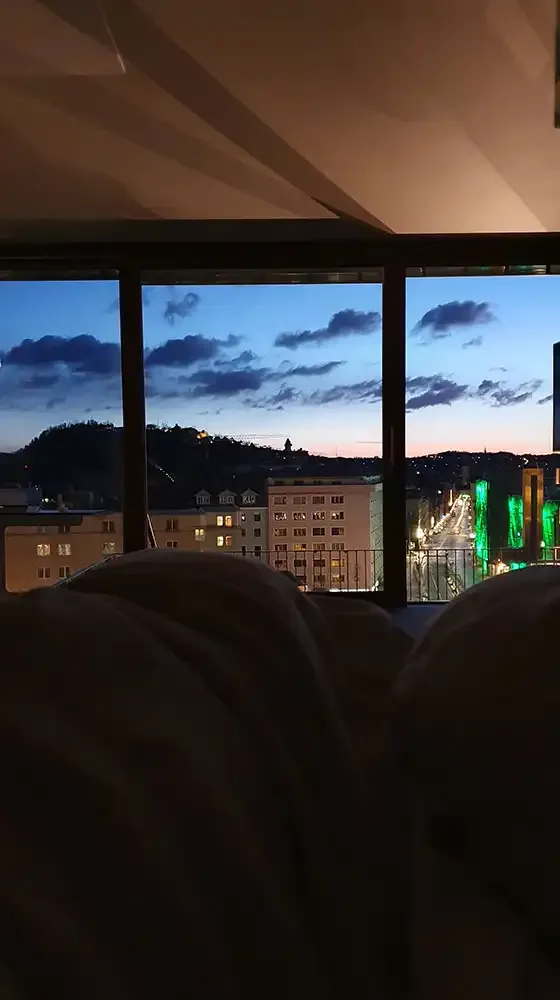 Evening view from inside the LoftCube in Graz