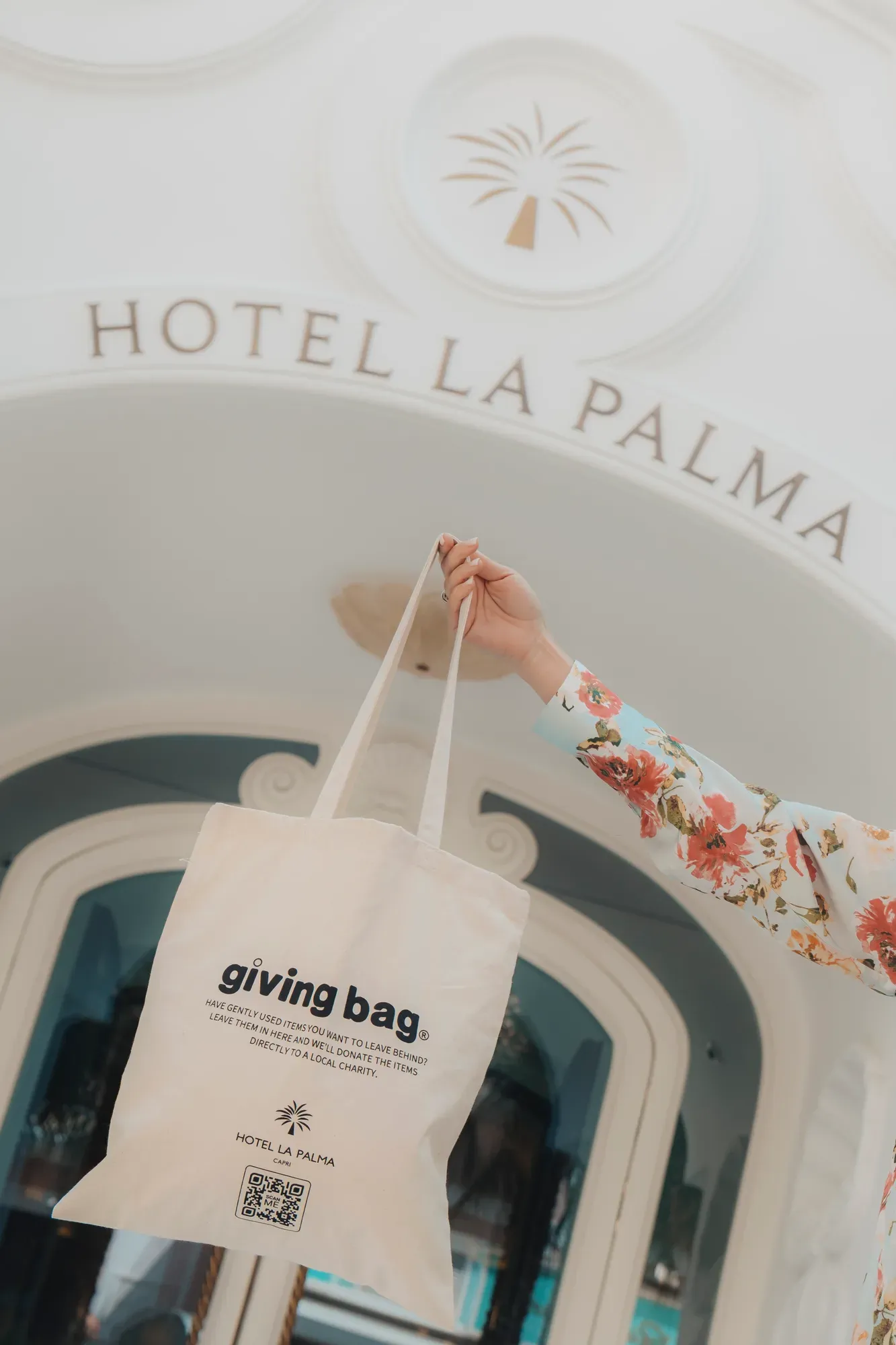 A Giving Bag in front of the entrance of Hotel La Palma