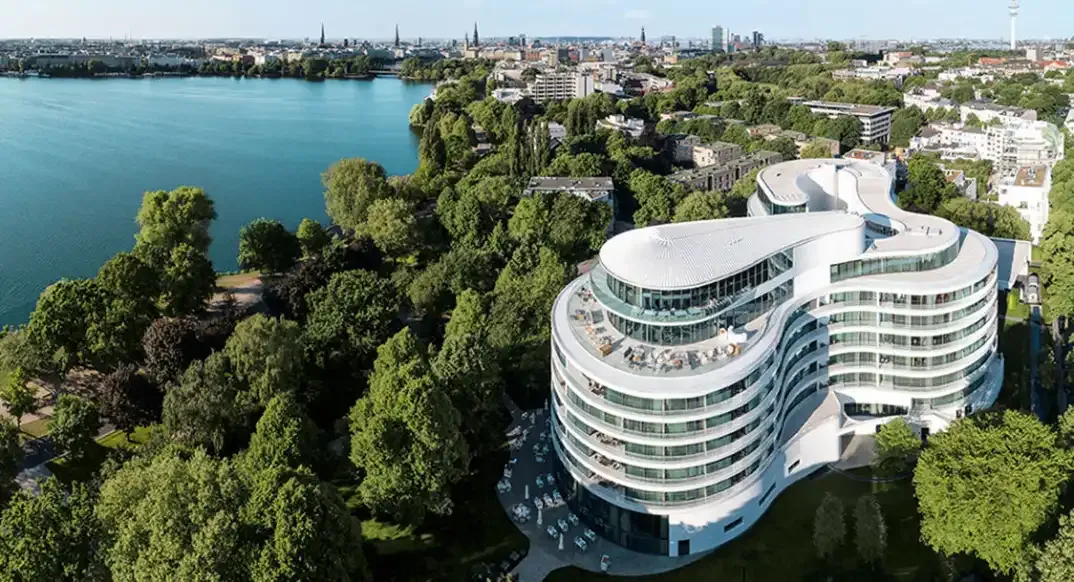 Aerial view of The Fontenay on the Outer Alster lake in Hamburg