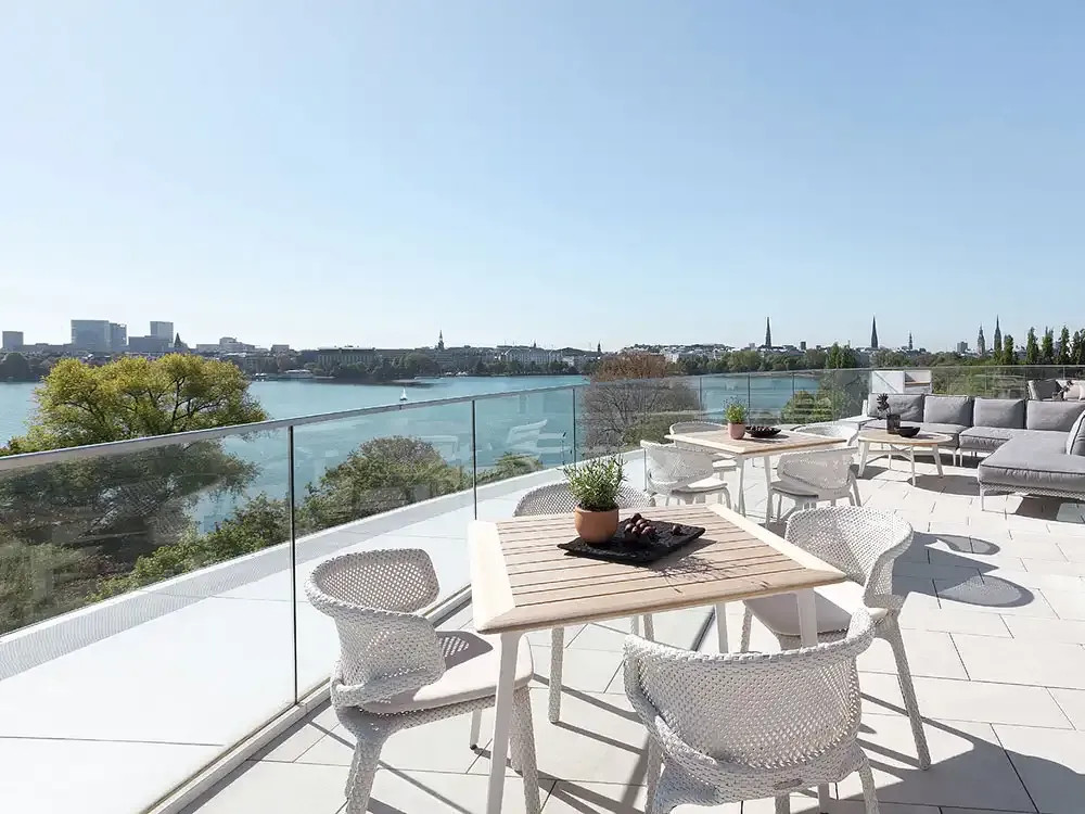 Rooftop terrace of The Fontenay Bar overlooking the Alster