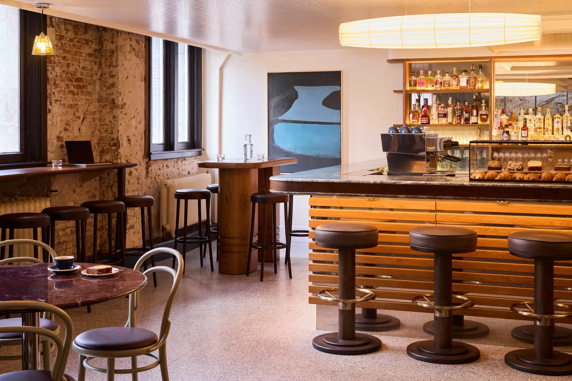Lotti's Bar at The Hoxton, Amsterdam with its new counter of stained oak and polished nickel