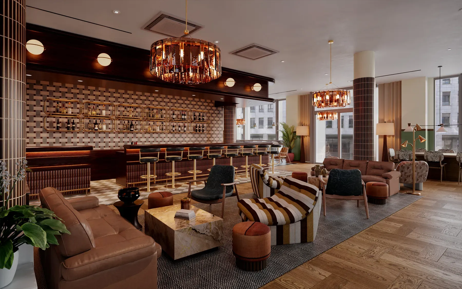 Rendering of the lobby bar at The Hoxton, Hamburg