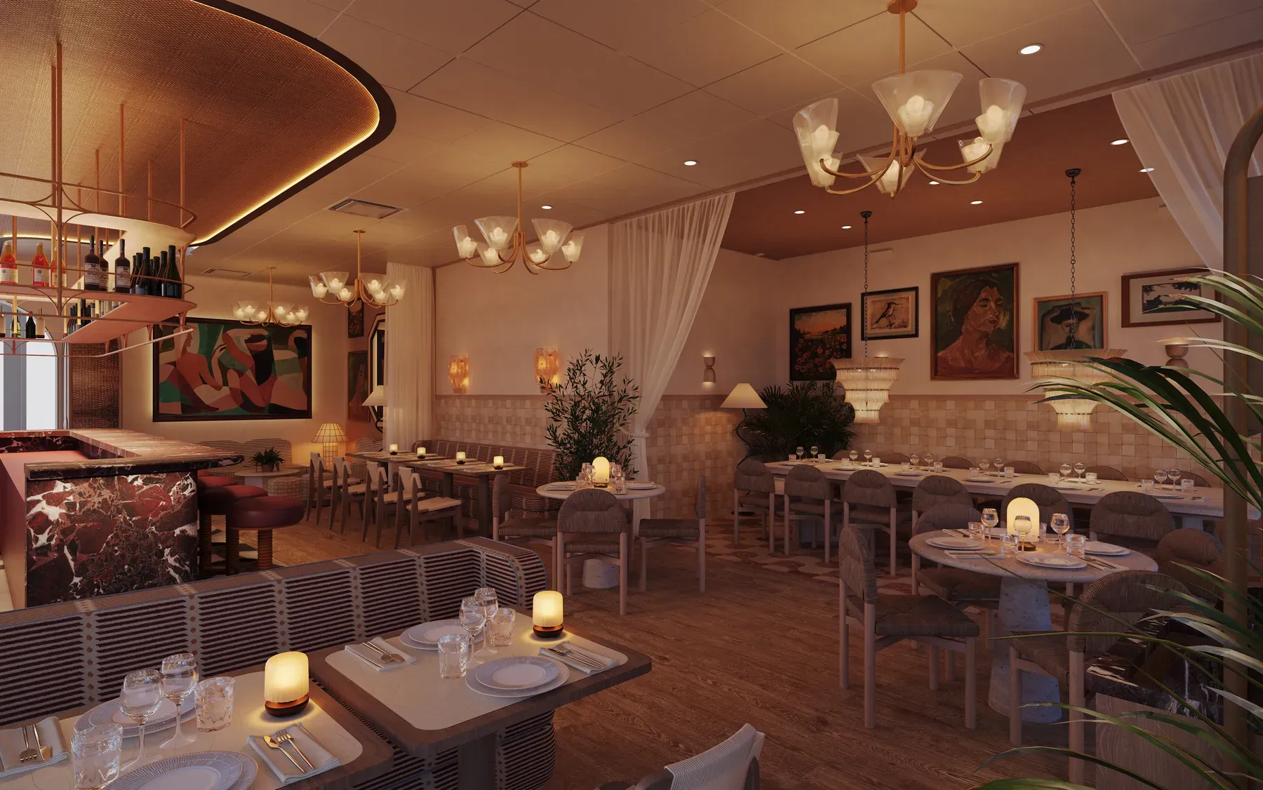 Rendering of the restaurant at The Hoxton, Hamburg, in the evening
