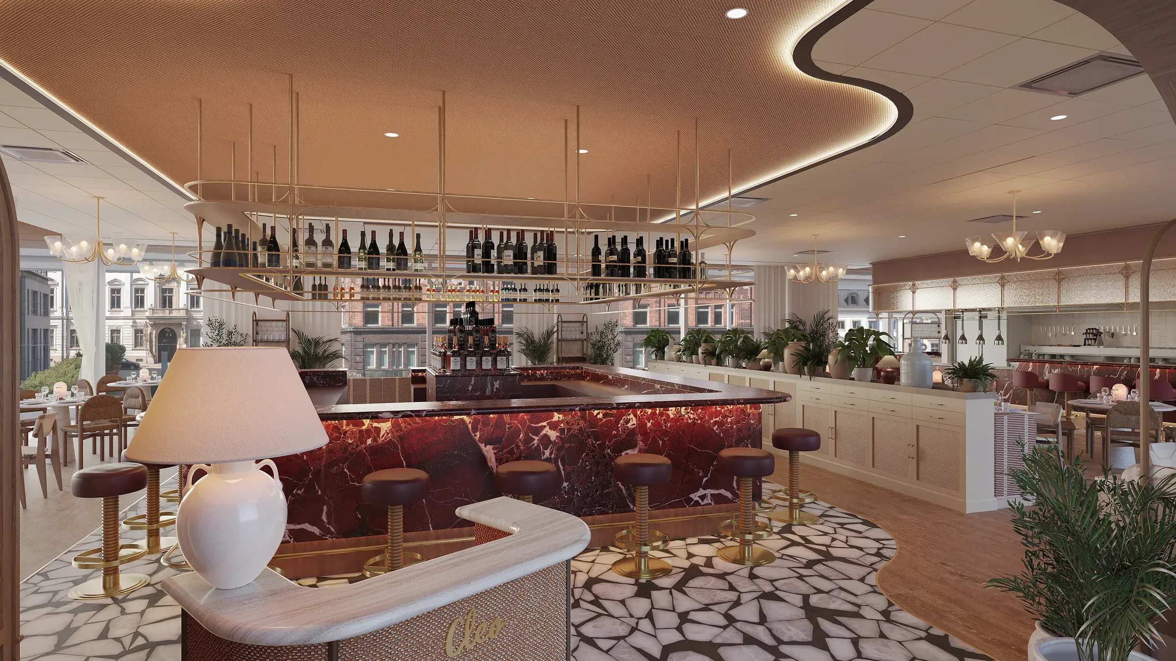 Rendering of the ground-floor restaurant and bar of The Hoxton, Hamburg