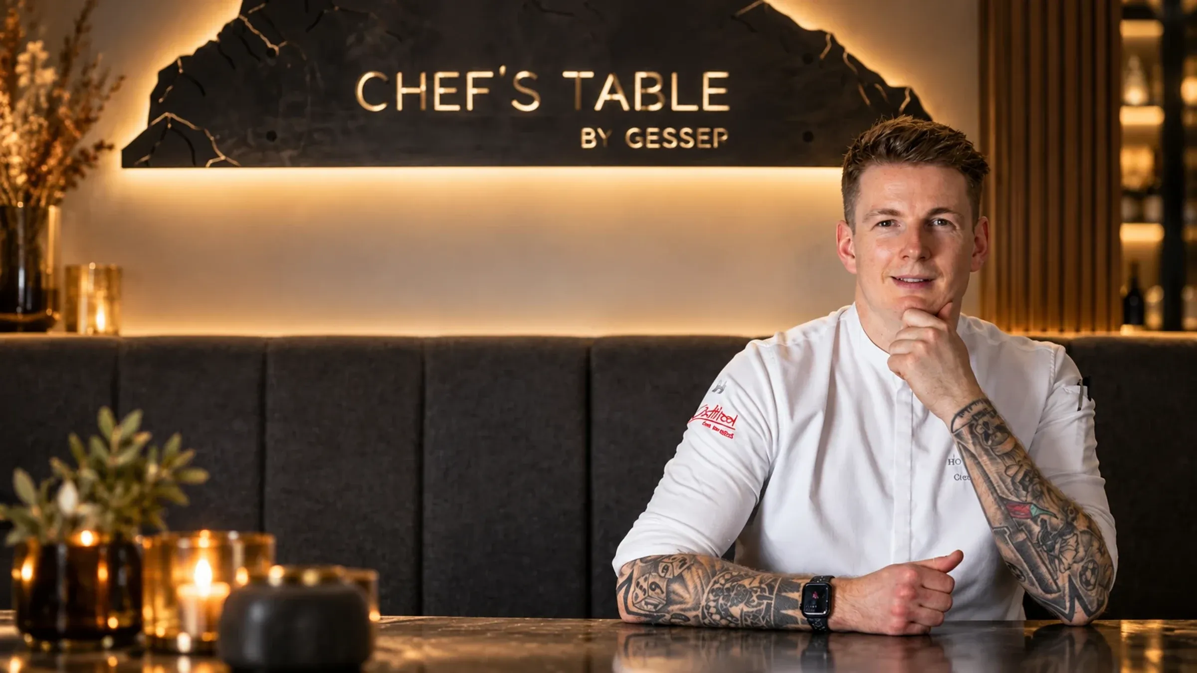Clemens Gesser at the Chef's Table by Gesser in Sillian, in front of the restaurant's sign