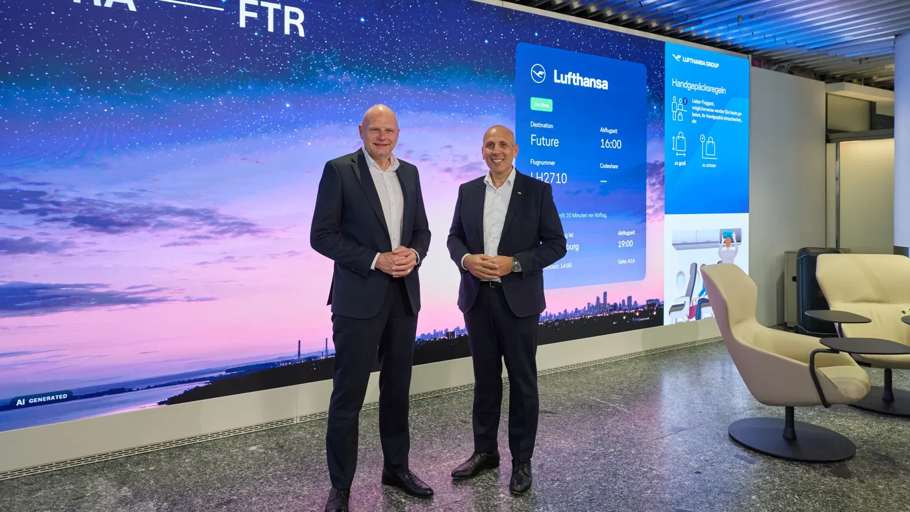 Two men in suits standing in front of a large video wall showing a Lufthansa departure next to lounge chairs at Gate A16 in Frankfurt