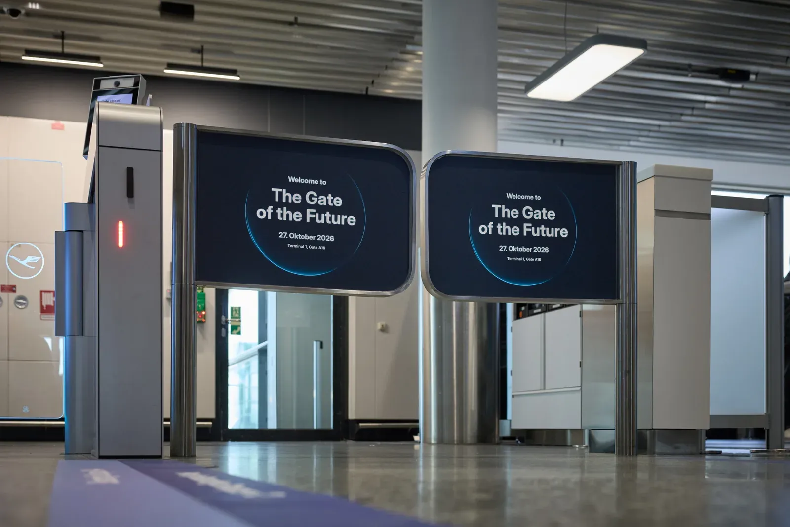 The entrance to the Gate of the Future with two screens and boarding gates at A16 in Frankfurt