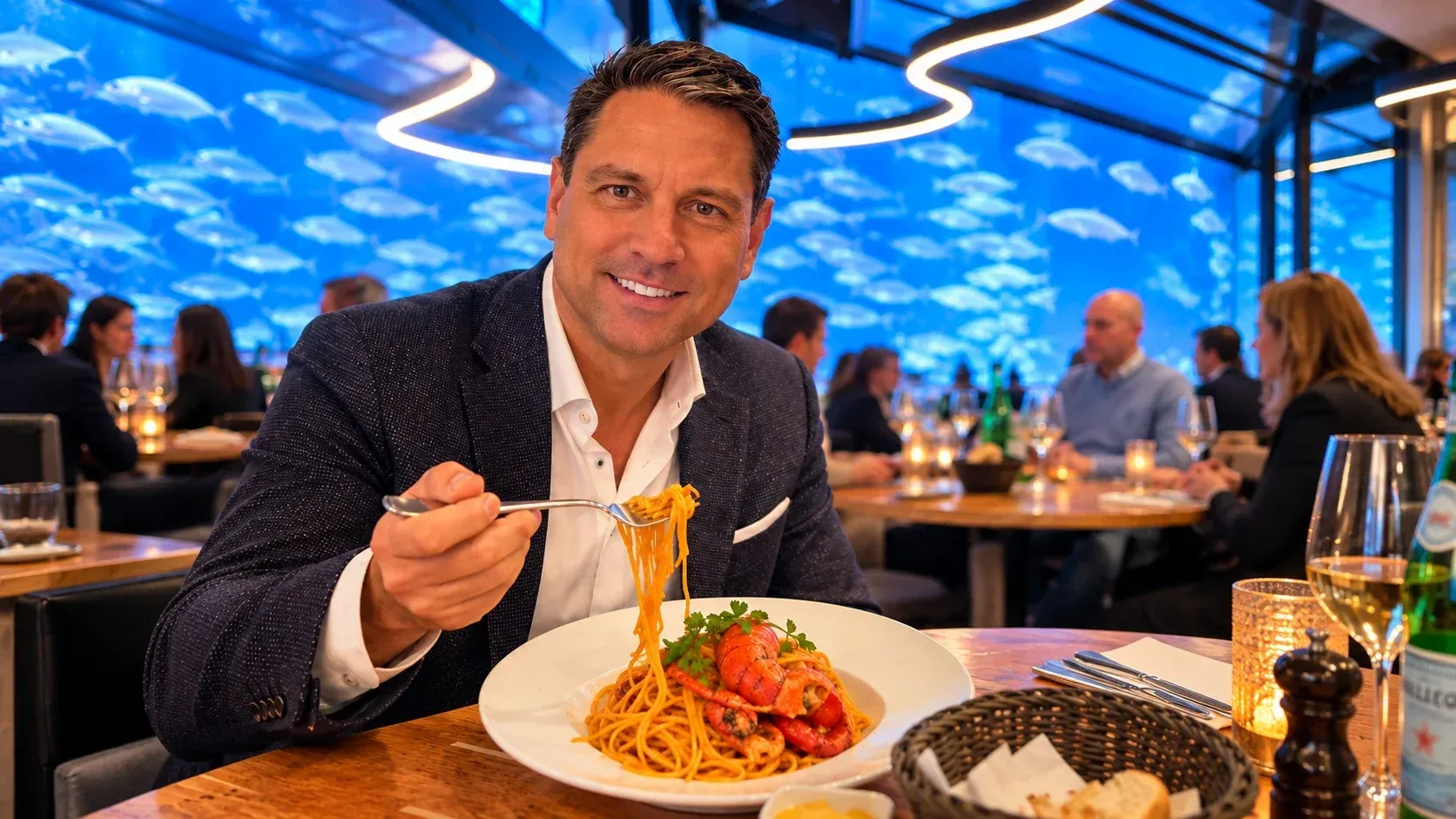 Roger Hohl twirling lobster spaghetti on his fork at a table at Fisch Witte, Munich (edited image)