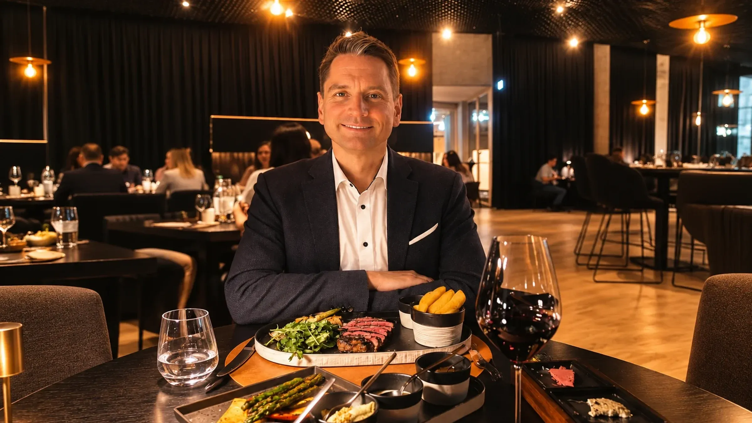 Roger Hohl with Japanese A5 Wagyu, sides and five sauces in the dining room of the Kupfrgrill at AMRAI Suites, Schruns