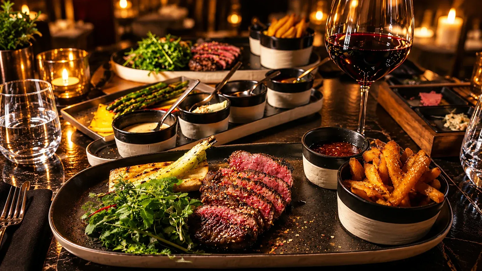 Sliced Japanese A5 Wagyu steak with grilled fennel, herb salad, sweet potato fries and sauce at the Kupfrgrill in Schruns