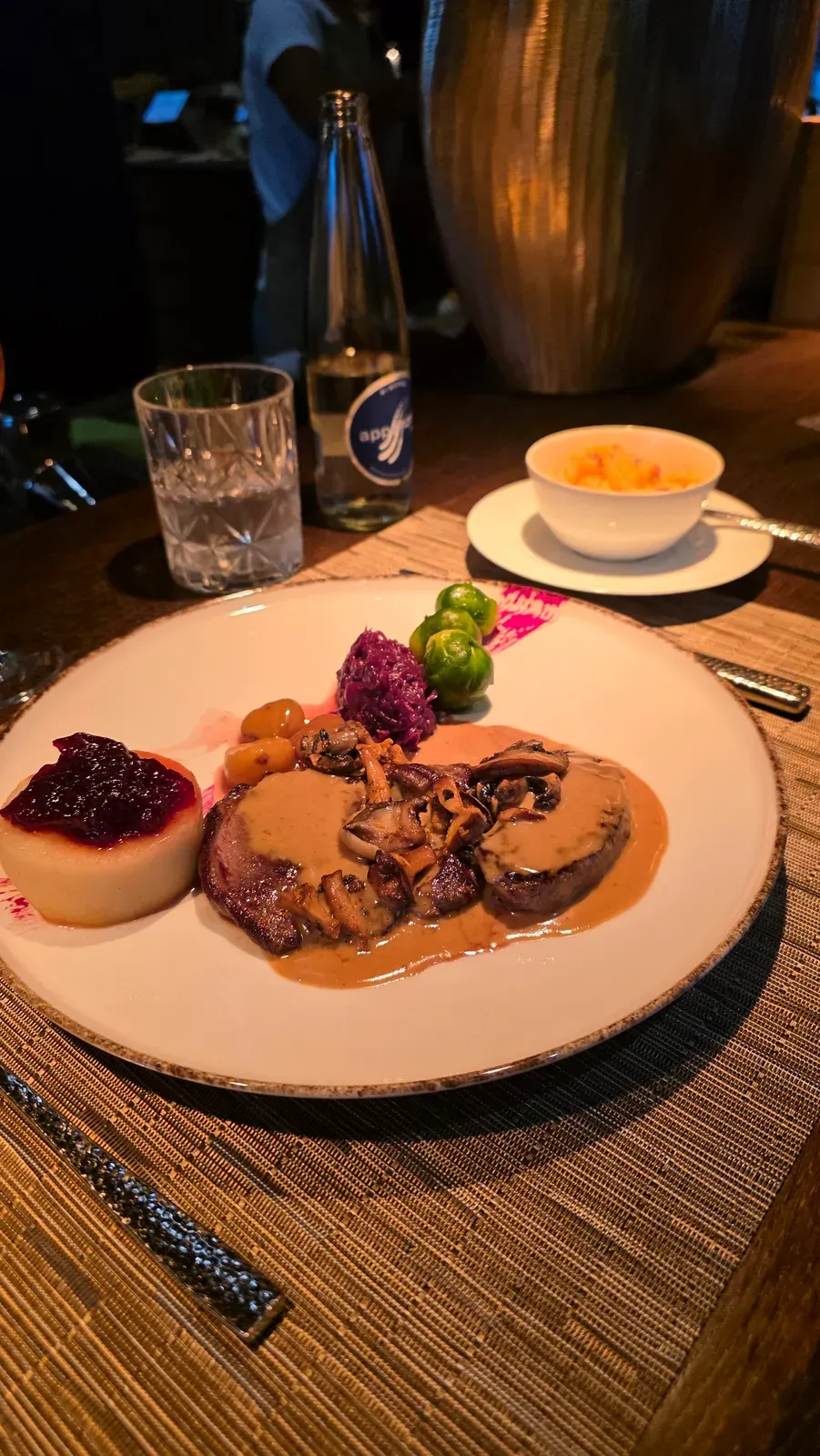 Rehschnitzel with Wildrahmsauce, chanterelles, chestnuts and a lingonberry apple at Restaurant Löwengarten