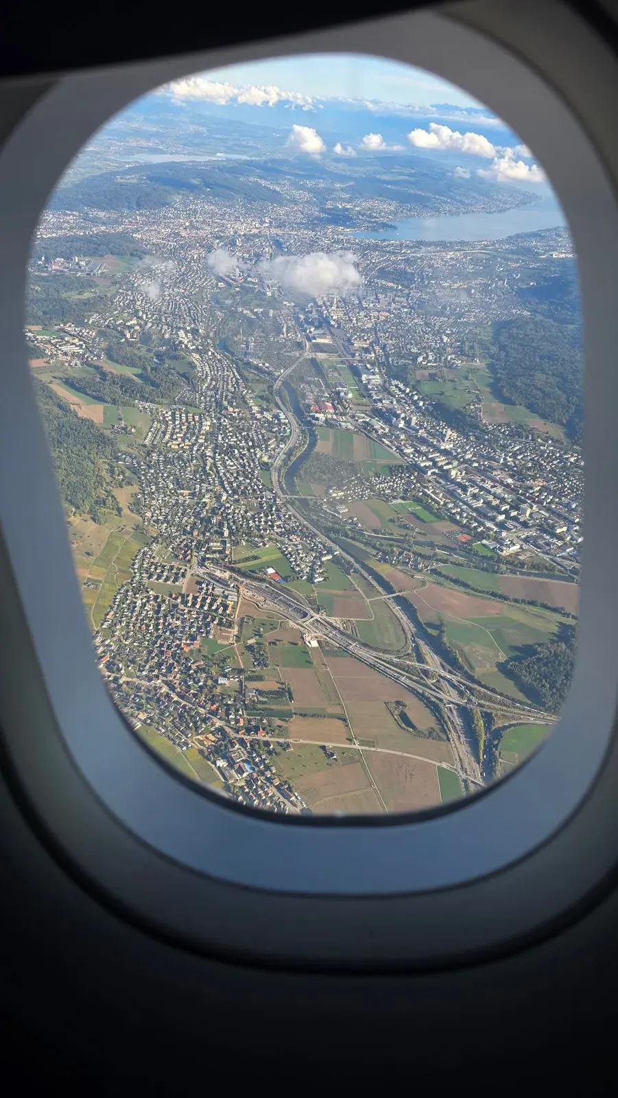 The Limmat valley and the city of Zurich seen from the window after take-off