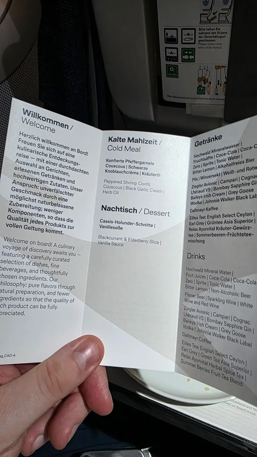 The Lufthansa Business Class menu card with the cold meal, dessert and drinks list