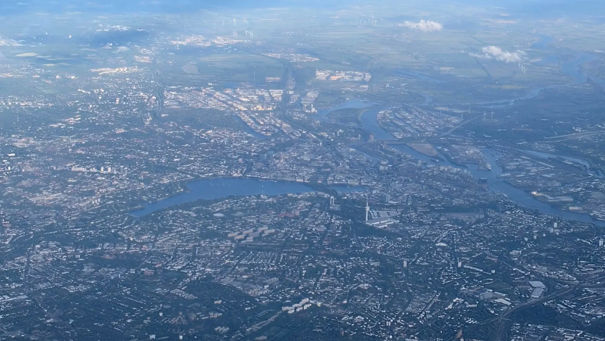 Aerial view of Hamburg with the Alster lakes, the Elbe and the port