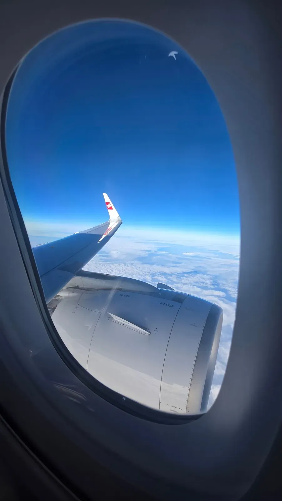Wing and engine of the SWISS A321neo above a sea of clouds at cruising altitude
