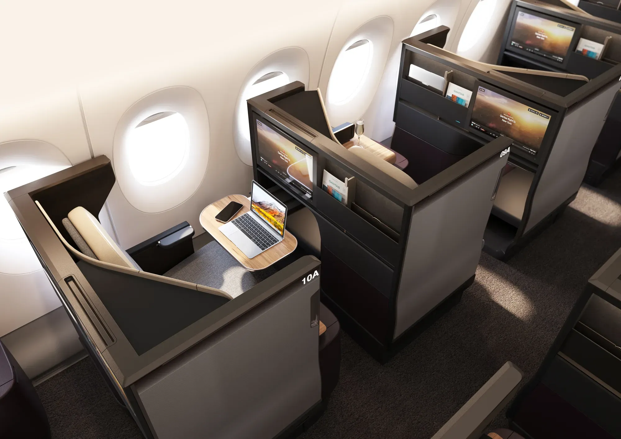 The Business cabin of the Qantas A350-1000ULR in a 1-2-1 layout