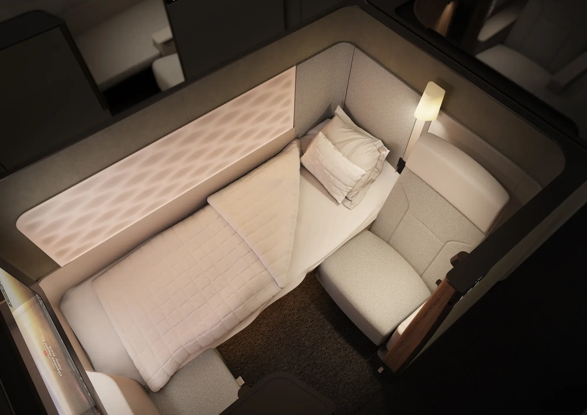 A First suite on the Qantas A350-1000ULR seen from above, with the bed made up