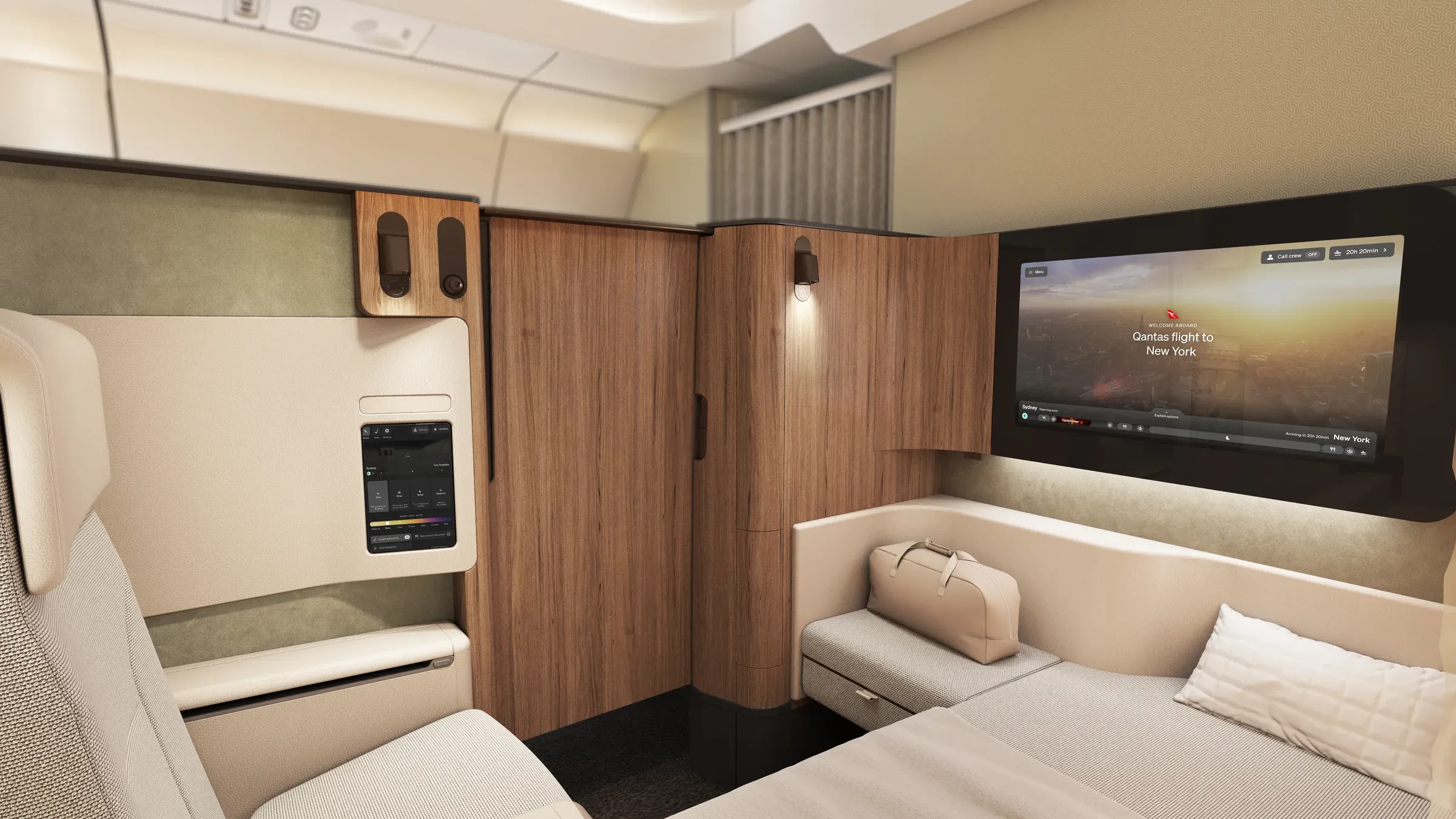 A First suite on the Qantas A350-1000ULR for Project Sunrise, with a made-up bed, armchair and large screen