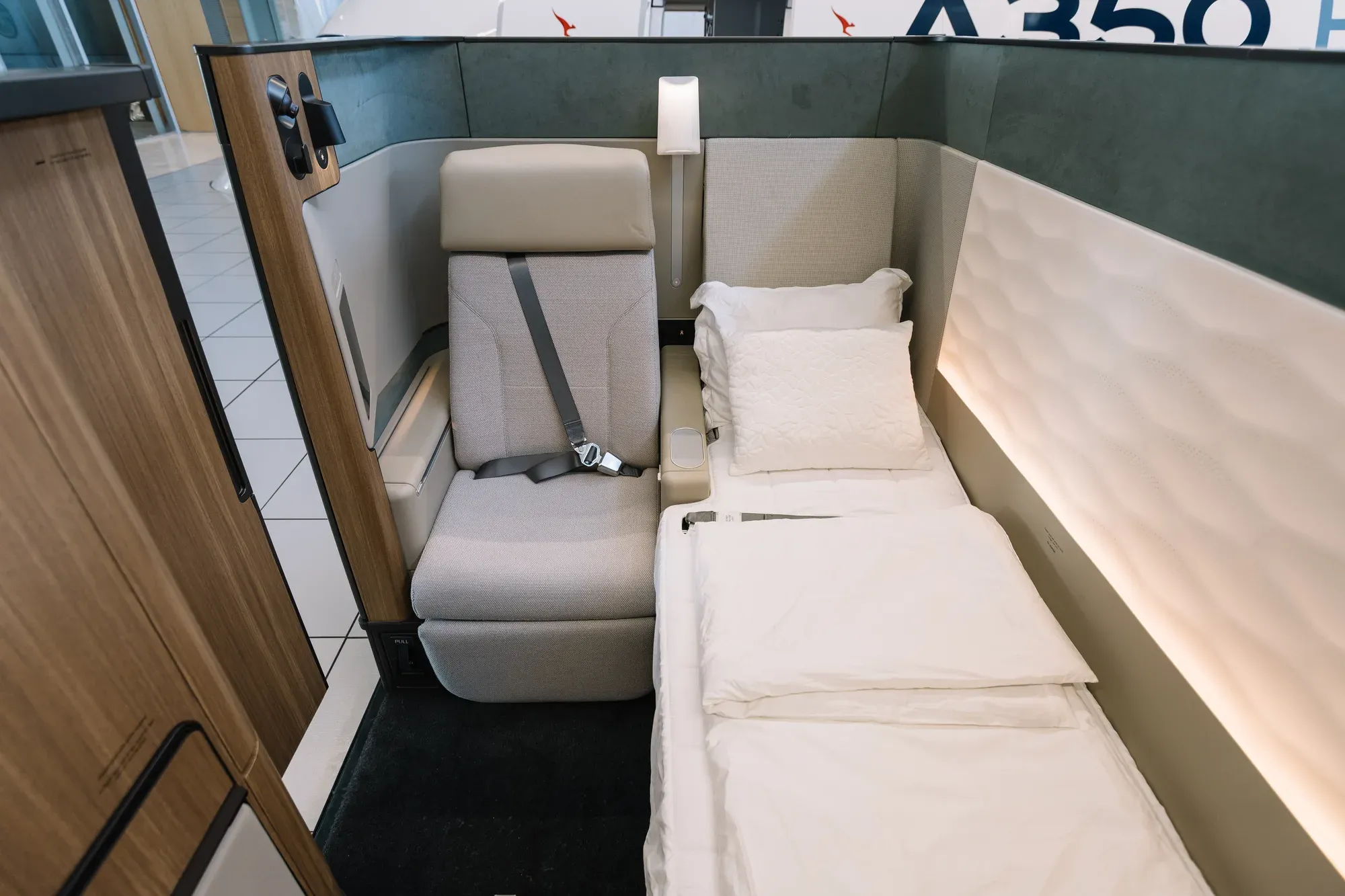 A First suite on the Project Sunrise A350 cabin mock-up at Airbus
