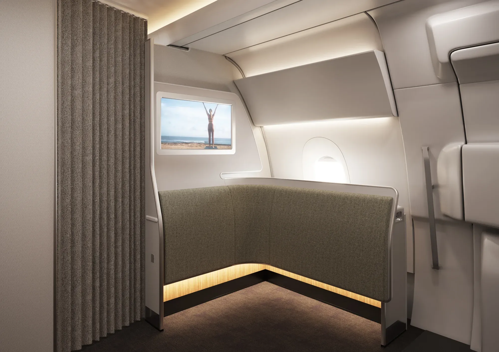 The Wellbeing Zone on the Qantas A350-1000ULR with a stretching area and a screen