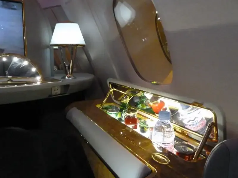 Emirates A380 First Class suite with minibar