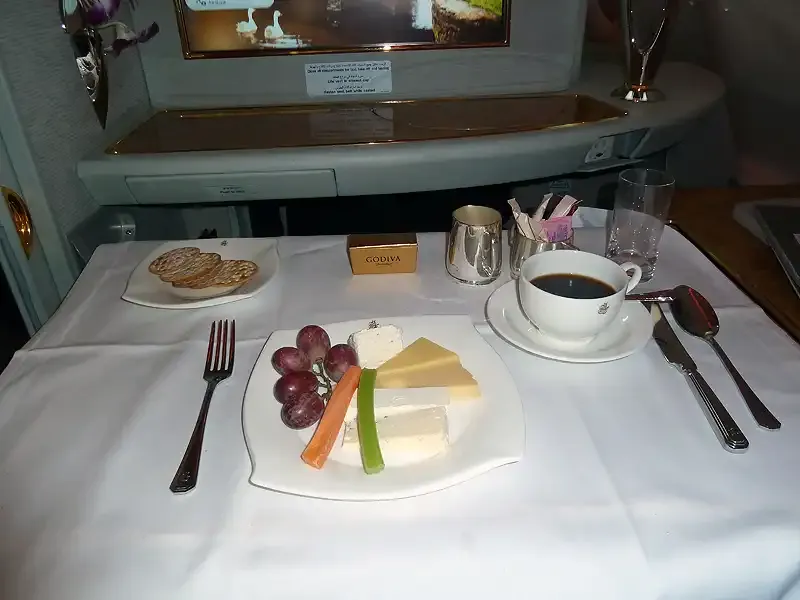 Cheese course with coffee in Emirates A380 First Class