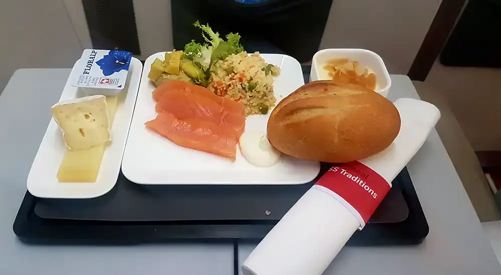 Helvetic Business Class dinner tray with smoked salmon, cheese and bread
