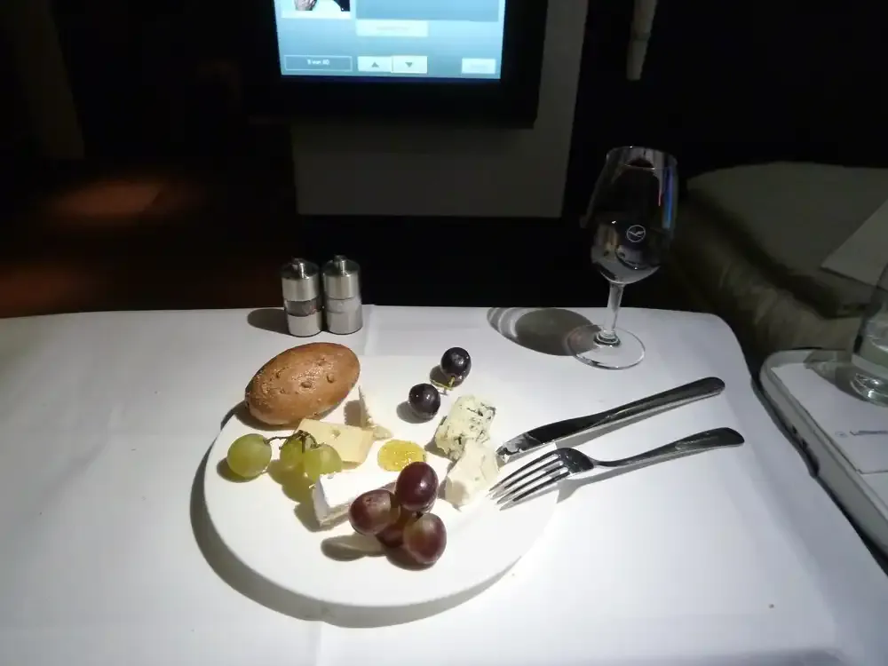 Cheese plate with grapes in Lufthansa First Class