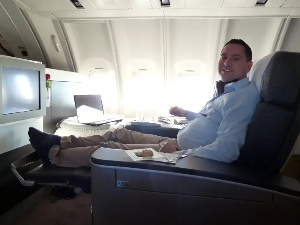 Roger Hohl in his Lufthansa Boeing 747-400 First Class seat