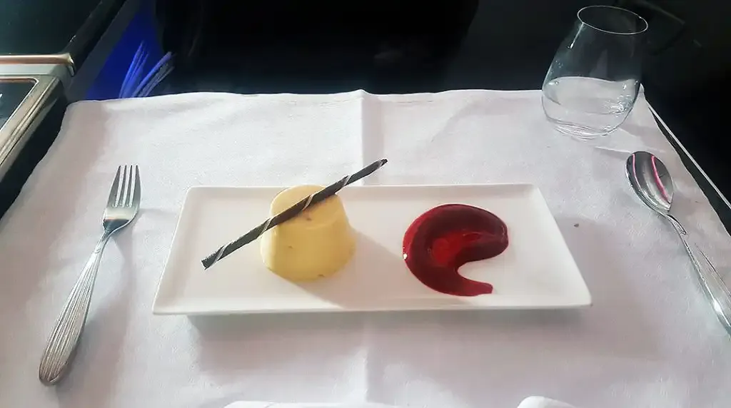 Panna cotta with berry coulis in Qatar Airways Business Class