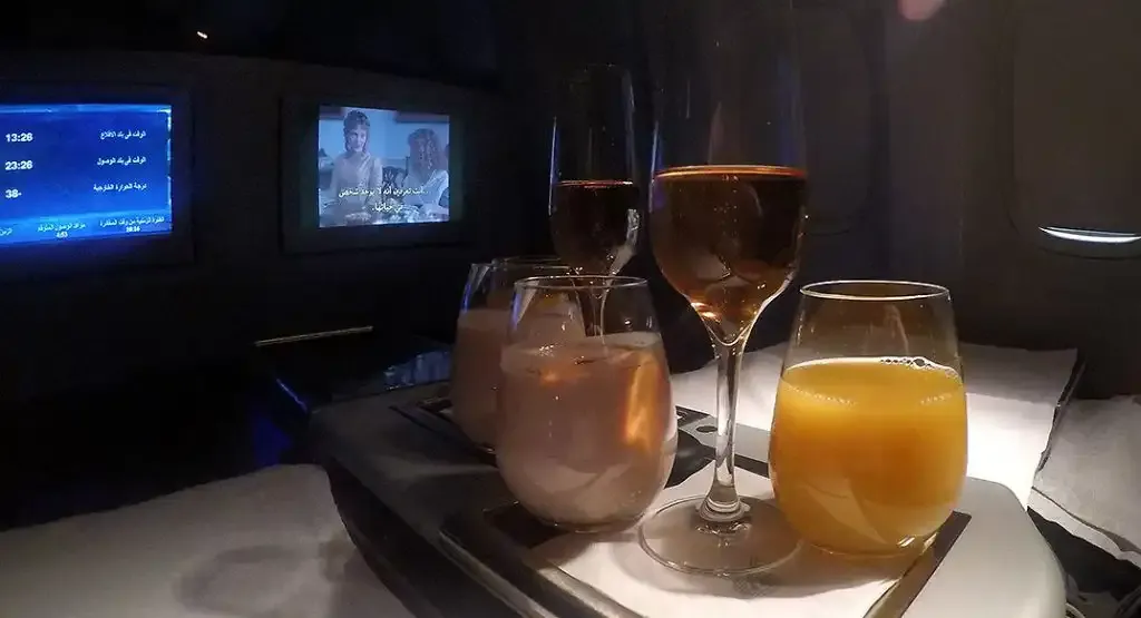 Welcome drinks at a Qatar Airways Business Class seat