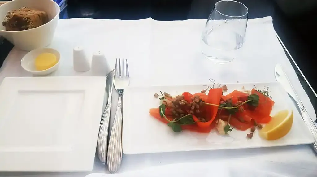 Smoked salmon starter in Qatar Airways Business Class