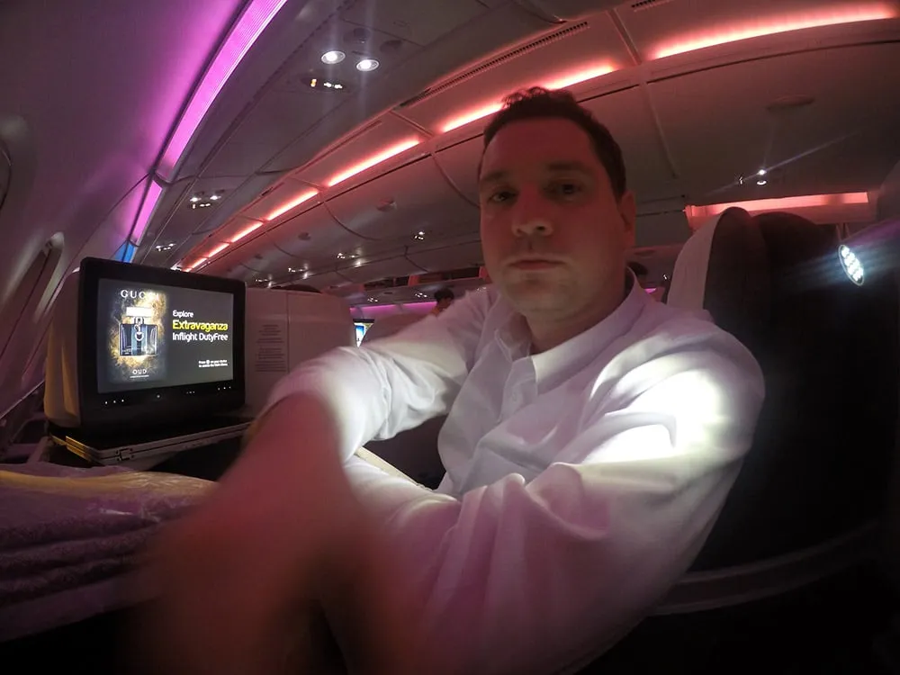 Roger Hohl in his Qatar Airways A380 Business Class seat
