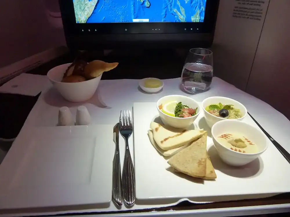 Mezze starter with flatbread in Qatar Airways A380 Business Class
