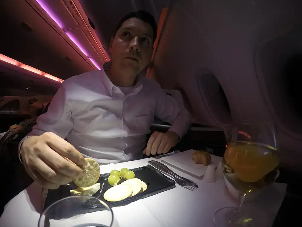 Roger Hohl with the starter in Qatar Airways A380 Business Class