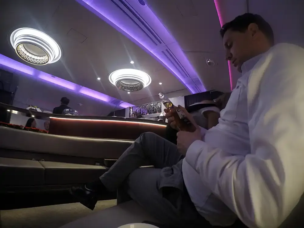 Roger Hohl in the onboard lounge of the Qatar Airways A380