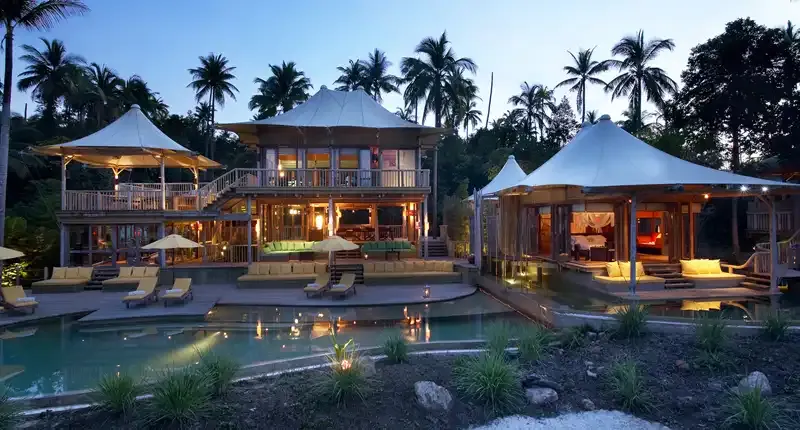 Hill villa at night at Soneva Kiri