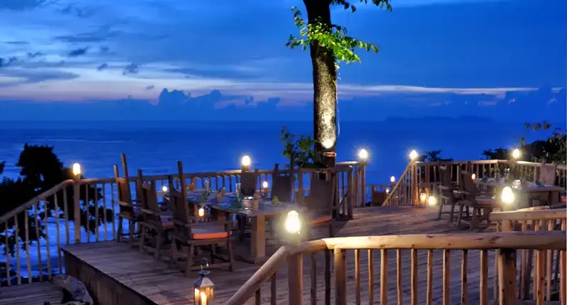 The View restaurant at Soneva Kiri at night