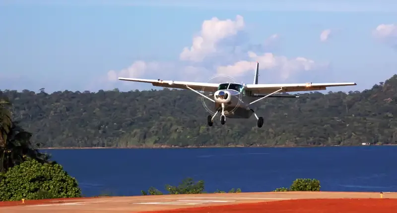 Seaplane arriving at Soneva Kiri