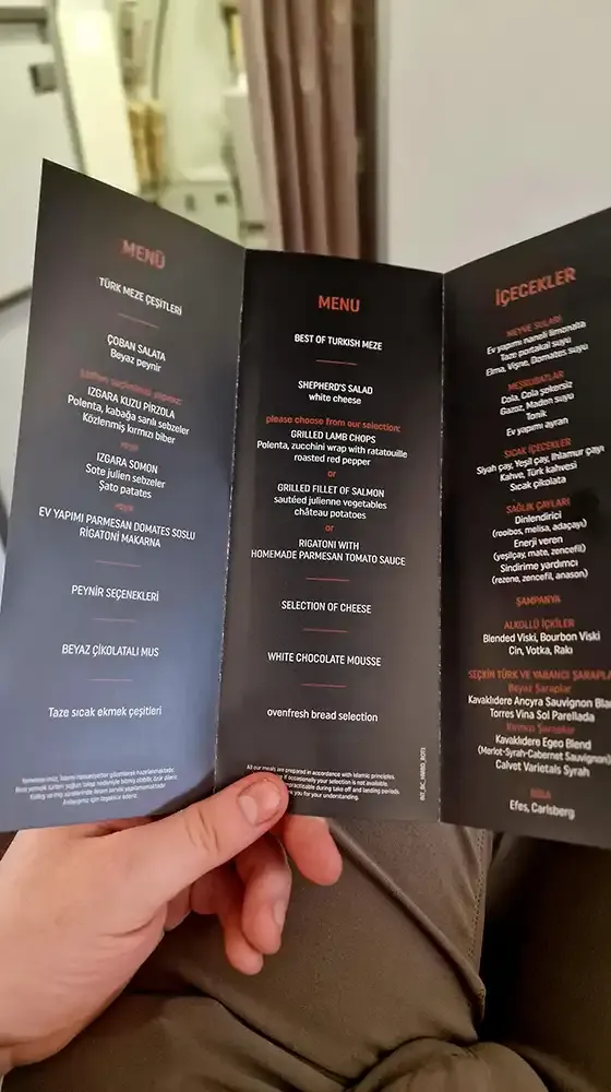 Turkish Airlines A330-200 Business Class menu card