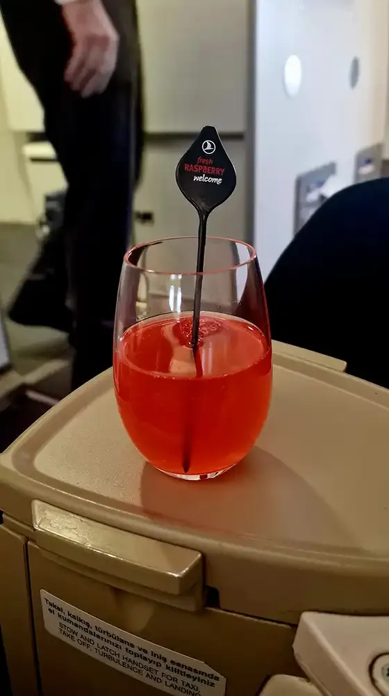 Raspberry lemonade before departure in Turkish Airlines Business Class