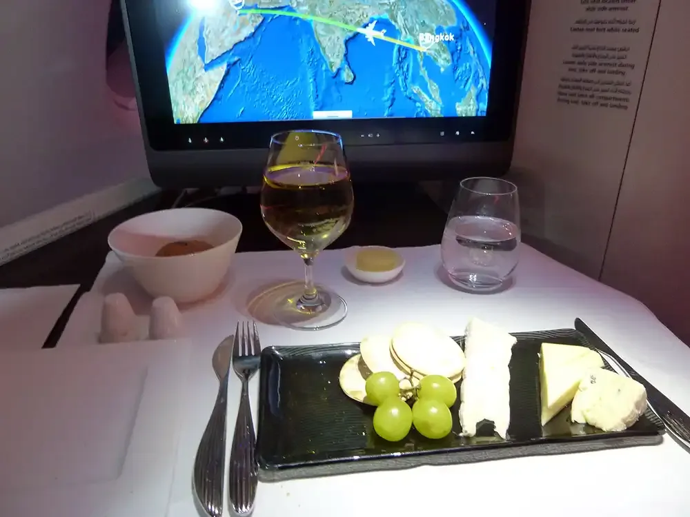 Cheese plate with grapes in Qatar Airways A380 Business Class