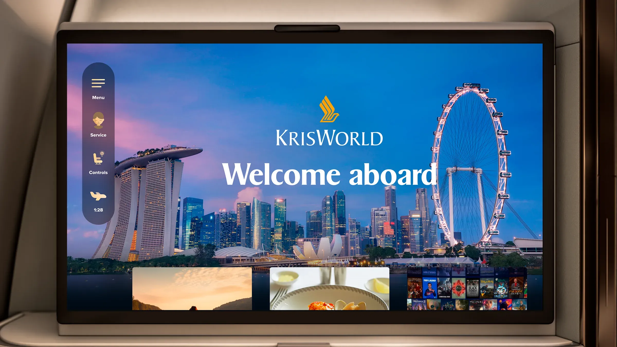 The new KrisWorld welcome screen of Singapore Airlines with the Singapore skyline, built into a seatback