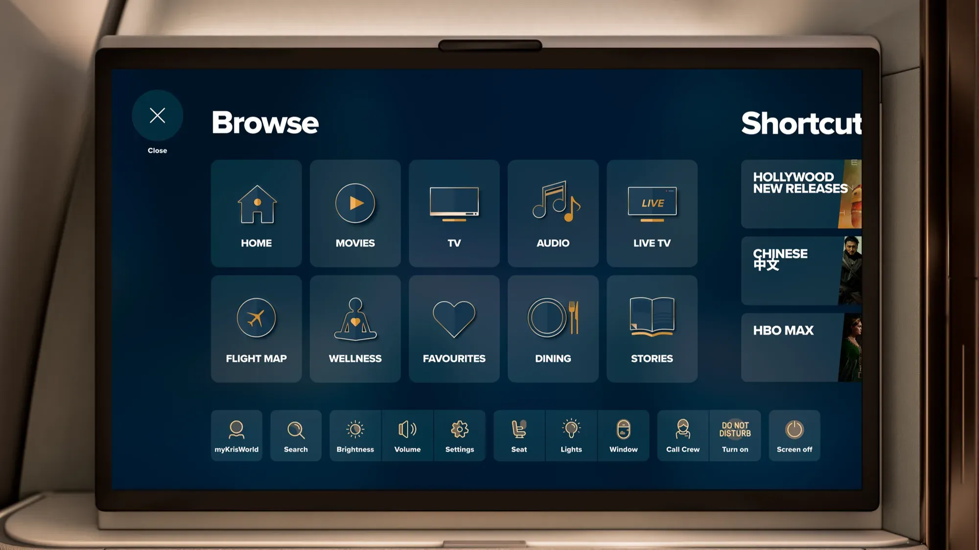 The new KrisWorld menu of Singapore Airlines on a seatback screen