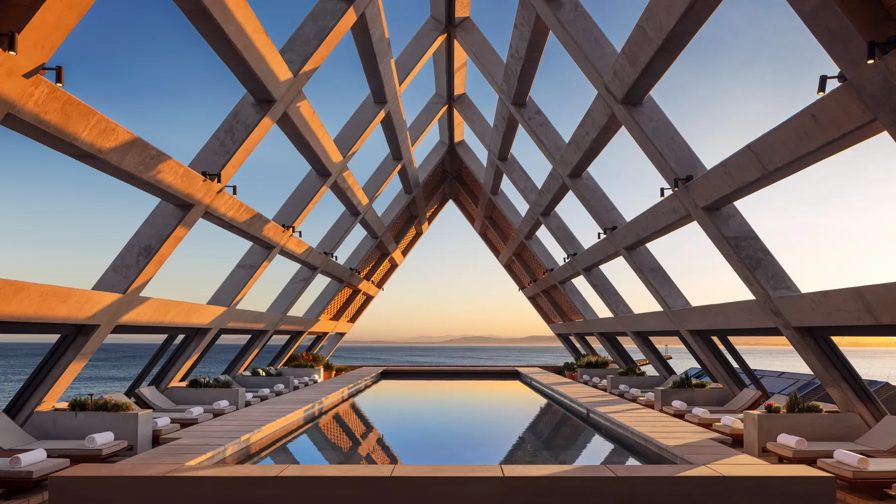 The rooftop pool of The Cape Town EDITION under a triangular timber structure at sunset, with the Atlantic beyond